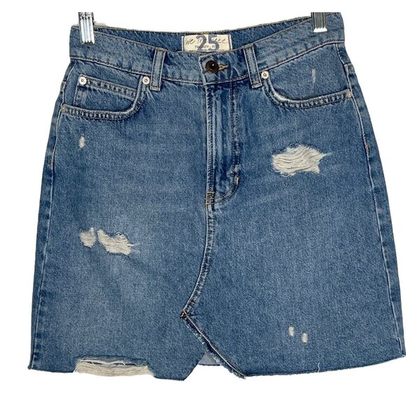 Free People We The Free Ripped Denim Skirt Blue Cotton Casual XS (25) - Picture 1 of 11